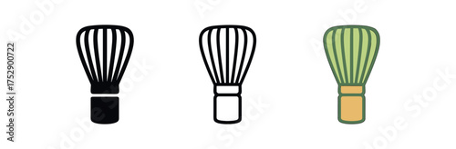 bamboo matcha whisk icon on white background Black silhouette flat icon outline icon and colored icon style. 1x3 grid. three minimal vector icon style.centered composition clear white space