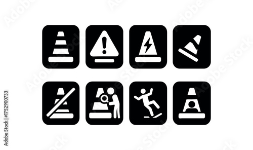 flat black solid icon 8 different items each item inside solid rounded rectangle safety placard no shadows no gradients pylon top hazard broken pylon top warning pylon top crack hazard