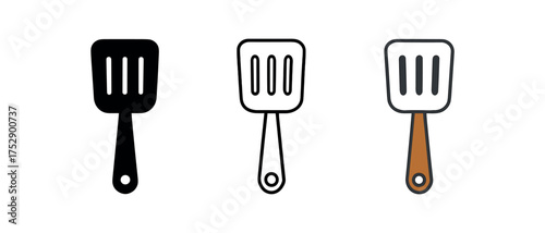 spatula icon on white background Black silhouette flat icon outline icon and colored icon style. 1x3 grid. three minimal vector icon style.centered composition clear white space around
