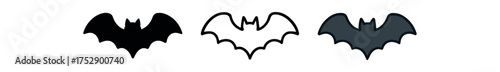 bat icon on white background Black silhouette flat icon outline icon and colored icon style. 1x3 grid. three minimal vector icon style.centered composition clear white space around equal