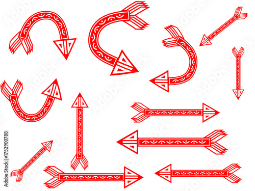 Conjunto de flechas rojas decorativas con diseño étnico y estilo gráfico en fondo blanco, ideal para señalización, diseño visual, dirección o decoración ilustrada