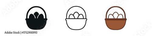 basket of eggs icon on white background Black silhouette flat icon outline icon and colored icon style. 1x3 grid. three minimal vector icon style.centered composition clear white space