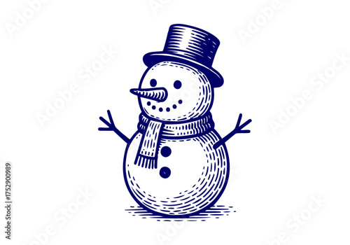 Snowman hand drawn simple engraved vector illustration