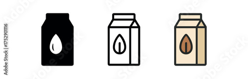 almond milk icon on white background Black silhouette flat icon outline icon and colored icon style. 1x3 grid. three minimal vector icon style.centered composition clear white space around