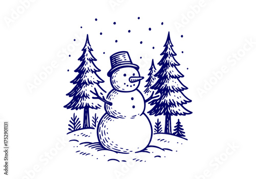 Snowman hand drawn simple engraved vector illustration