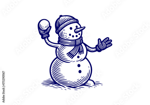 Snowman hand drawn simple engraved vector illustration