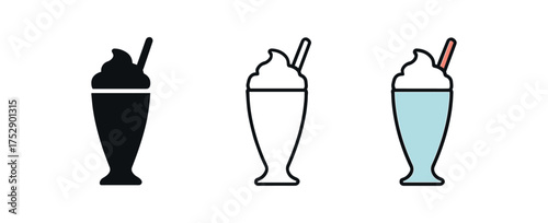 milkshake glass icon on white background Black silhouette flat icon outline icon and colored icon style. 1x3 grid. three minimal vector icon style