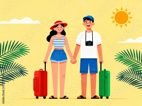 Happy Couple on Vacation Holding Hands with Luggage on a Sunny Tropical Beach