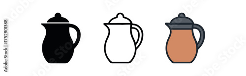 jug with lid icon on white background Black silhouette flat icon outline icon and colored icon style. 1x3 grid. three minimal vector icon style.centered composition clear white space around