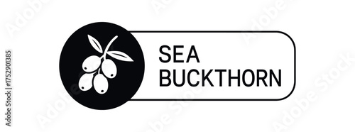 Black silhouette flat icon and outline icon style. Modern cosmetic label design. Circular black icon on the left with pictogram of sea buckthorn berry. From the circle extends rounded