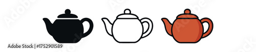 chinese tea pot icon on white background Black silhouette flat icon outline icon and colored icon style. 1x3 grid. three minimal vector icon style