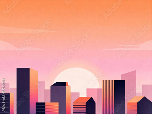 Cityscape illustration featuring buildings and sunset in a vibrant environment from a distant viewpoint