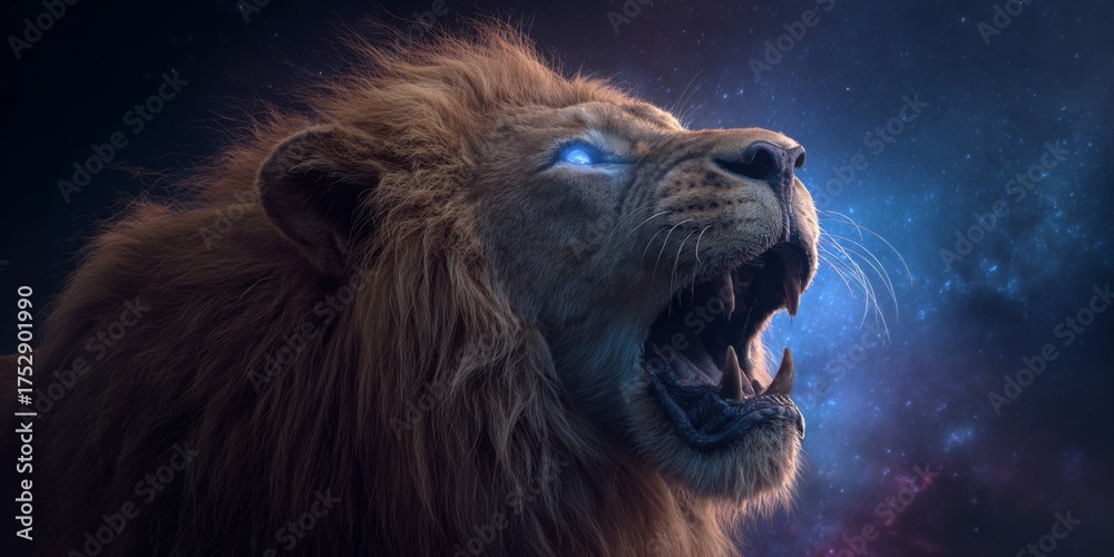 Naklejka premium Majestic roaring lion with fiery mane and glowing blue eyes symbolizing strength, power, and dynamic energy in a cosmic galaxy backdrop