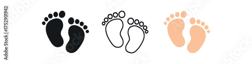 baby footprints icon on white background Black silhouette flat icon outline icon and colored icon style. 1x3 grid. three minimal vector icon style.centered composition clear white space
