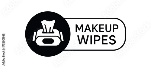 Black silhouette flat icon and outline icon style. Modern cosmetic label design. Circular black icon on the left with simple flat pictogram of cleansing wipes. From the circle extends