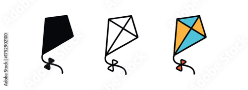 kite icon on white background Black silhouette flat icon outline icon and colored icon style. 1x3 grid. three minimal vector icon style.centered composition clear white space around equal