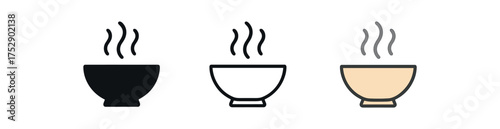 porcelain soup bowl icon on white background Black silhouette flat icon outline icon and colored icon style. 1x3 grid. three minimal vector icon style.centered composition clear white space