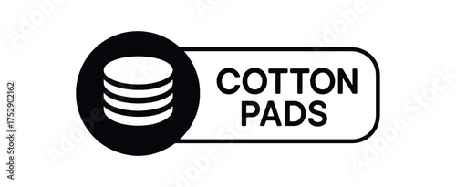 Black silhouette flat icon and outline icon style. Modern cosmetic label design. Circular black icon on the left with simple flat pictogram of cotton pads. From the circle extends rounded