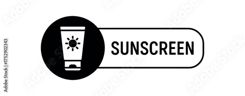 Black silhouette flat icon and outline icon style. Modern cosmetic label design. Circular black icon on the left with simple flat pictogram of sunscreen tube. From the circle extends