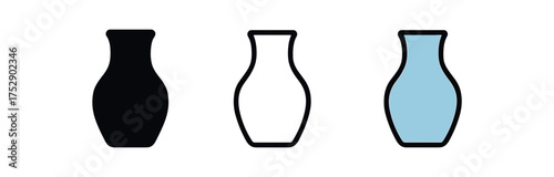 minimalist glass vase icon on white background Black silhouette flat icon outline icon and colored icon style. 1x3 grid. three minimal vector icon style