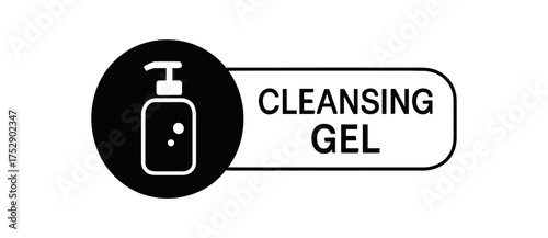 Black silhouette flat icon and outline icon style. Modern cosmetic label design. Circular black icon on the left with simple flat pictogram of cleansing gel. From the circle extends rounded
