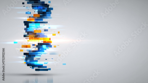 Code Editing - Abstract, A minimalist illustration of a DNA strand composed of abstract glowing blocks, with one block being subtly altered or replaced by a different color.