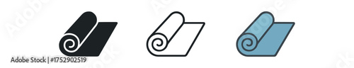 yoga mat icon on white background Black silhouette flat icon outline icon and colored icon style. 1x3 grid. three minimal vector icon style.centered composition clear white space around