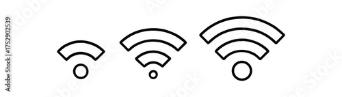 Wi Fi signal icon set black outline on white:1 2 full strength arcs.Uniform stroke width same baseline even spacing
