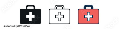 first aid kit icon on white background Black silhouette flat icon outline icon and colored icon style. 1x3 grid. three minimal vector icon style.centered composition clear white space