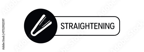Black silhouette flat icon and outline icon style. Modern cosmetic label design. Circular black icon on the left with simple flat pictogram of hair straightener plates. From the circle