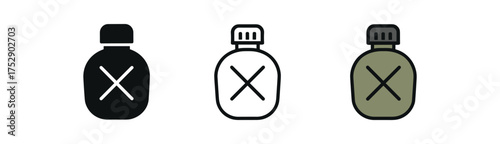 canteen flask icon on white background Black silhouette flat icon outline icon and colored icon style. 1x3 grid. three minimal vector icon style.centered composition clear white space