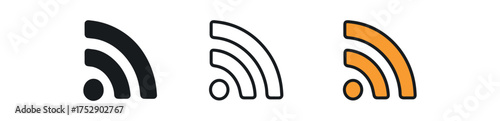 rss symbol icon on white background Black silhouette flat icon outline icon and colored icon style. 1x3 grid. three minimal vector icon style.centered composition clear white space around