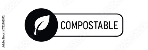 Black silhouette flat icon and outline icon style. Modern safety certification label design. Circular black icon on the left with simple flat pictogram of compost leaf. From the circle