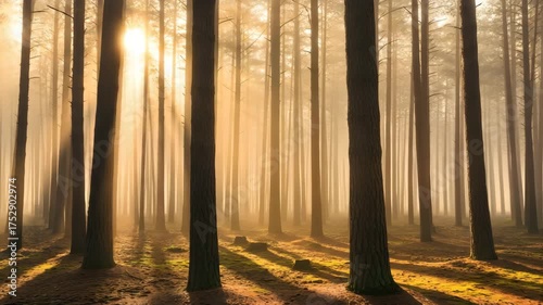 Vertical view of tree trunks and sunlight filtering through foliage
