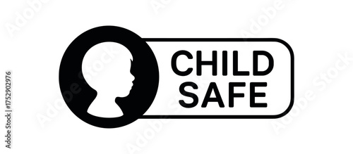 Black silhouette flat icon and outline icon style. Modern safety certification label design. Circular black icon on the left with simple flat pictogram of child silhouette. From the circle