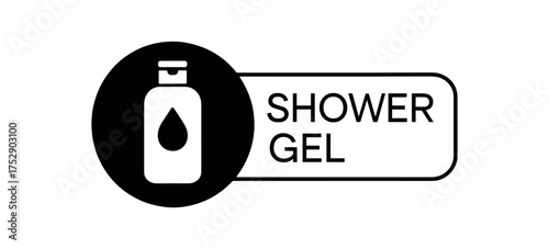 Black silhouette flat icon and outline icon style. Modern cosmetic label design. Circular black icon on the left with simple flat pictogram of shower gel bottle. From the circle extends