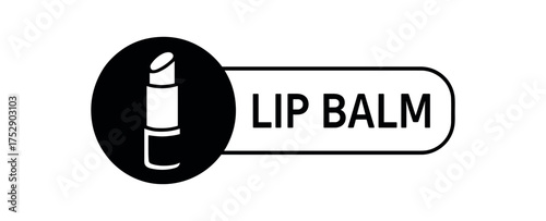 Black silhouette flat icon and outline icon style. Modern cosmetic label design. Circular black icon on the left with simple flat pictogram of lip balm. From the circle extends rounded