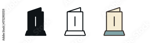 menu card holder icon on white background Black silhouette flat icon outline icon and colored icon style. 1x3 grid. three minimal vector icon style.centered composition clear white space
