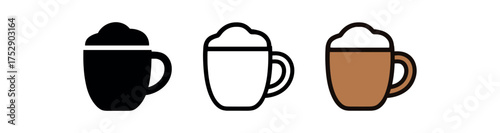 cappuccino mug icon on white background Black silhouette flat icon outline icon and colored icon style. 1x3 grid. three minimal vector icon style