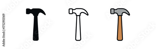 hammer icon on white background Black silhouette flat icon outline icon and colored icon style. 1x3 grid. three minimal vector icon style.centered composition clear white space around equal