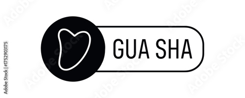 Black silhouette flat icon and outline icon style. Modern cosmetic label design. Circular black icon on the left with simple flat pictogram of gua sha tool. From the circle extends rounded