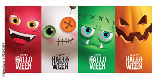 Halloween characters greeting card vector poster design. Happy Halloween with demon, mummy, zombie and scarecrow cute character for trick or treat party invitation card collection. Vector illustration