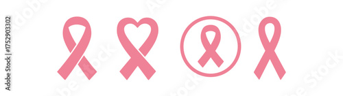 Pink ribbon awareness icons set on white.Simple flat ribbons with variations loop heart integrated circle.Consistent size and spacing