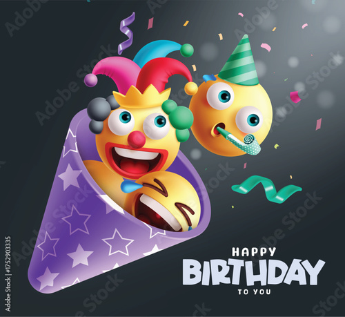Emojis birthday clipart design. Happy birthday emoji clown characters in violet cone shape party hat decoration element. Vector illustration emoticons clown clip art.