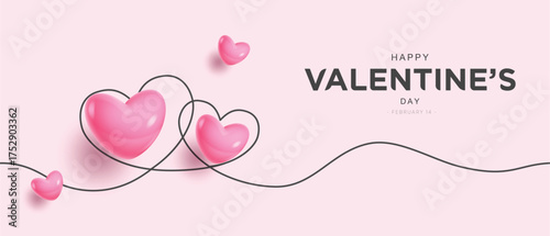 Valentine's day greeting clipart banner design. Happy hearts day invitation card with pink balloons and continuous line in minimal background. Vector illustration valentine greetings clip art.