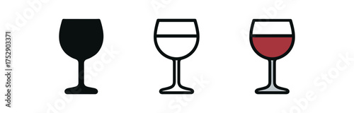 red wine goblet icon on white background Black silhouette flat icon outline icon and colored icon style. 1x3 grid. three minimal vector icon style.centered composition clear white space