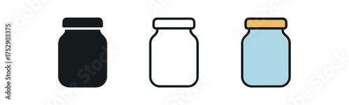 glass jar icon on white background Black silhouette flat icon outline icon and colored icon style. 1x3 grid. three minimal vector icon style.centered composition clear white space around