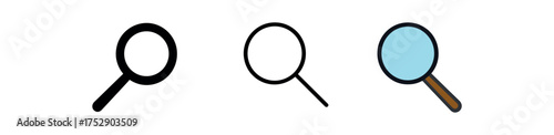magnifying glass icon on white background Black silhouette flat icon outline icon and colored icon style. 1x3 grid. three minimal vector icon style.centered composition clear white space