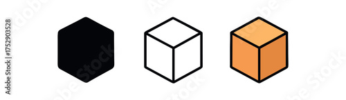 cube icon on white background Black silhouette flat icon outline icon and colored icon style. 1x3 grid. three minimal vector icon style.centered composition clear white space around equal