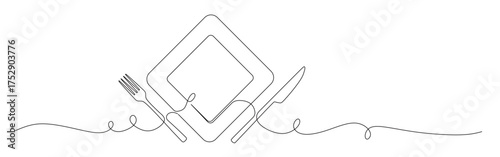 Continuous line art of a cutlery set consisting of a square plate, knife, and fork. This icon is for a restaurant sticker or banner. Vector illustration.